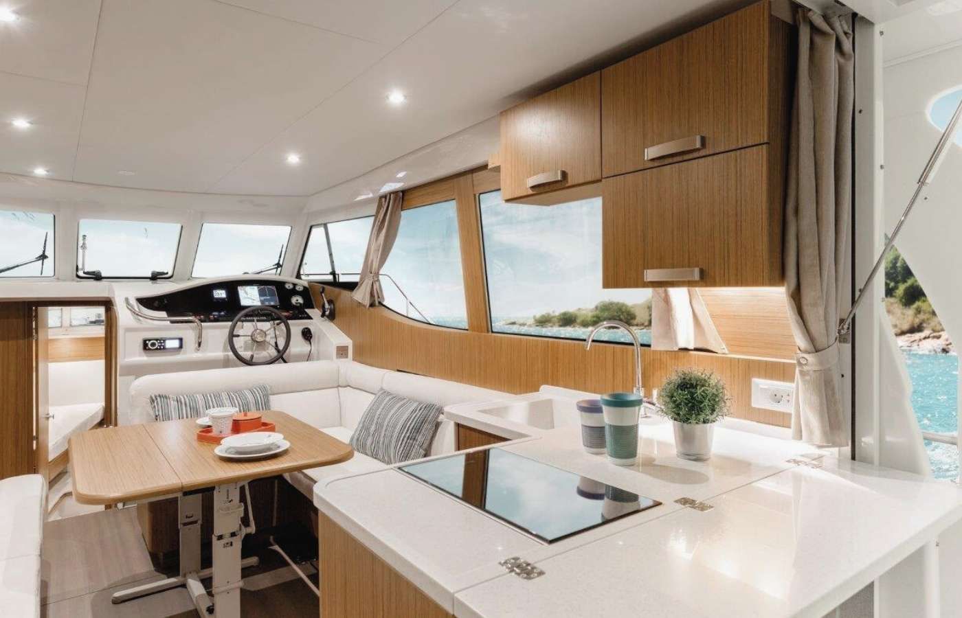 galley and the living launge on board an electric boat Greenline 33 E-Drive